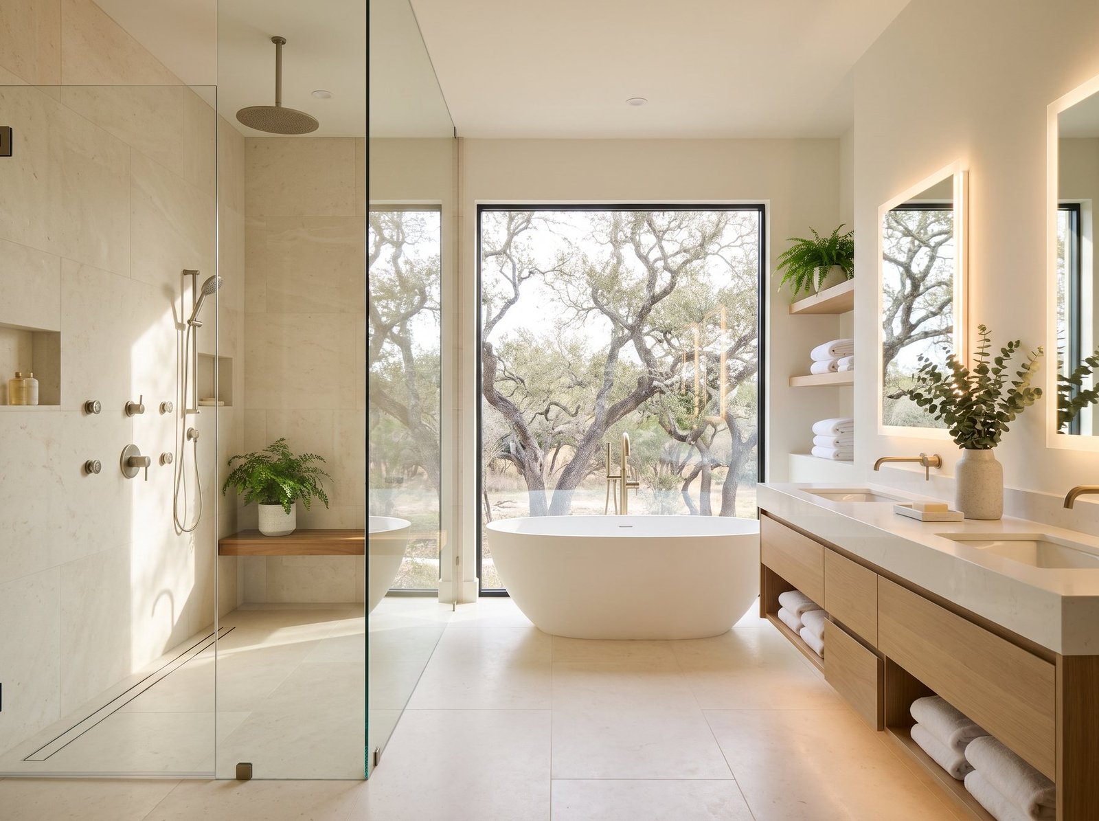 Luxury spa bathroom with curbless shower, freestanding tub and light oak double vanity