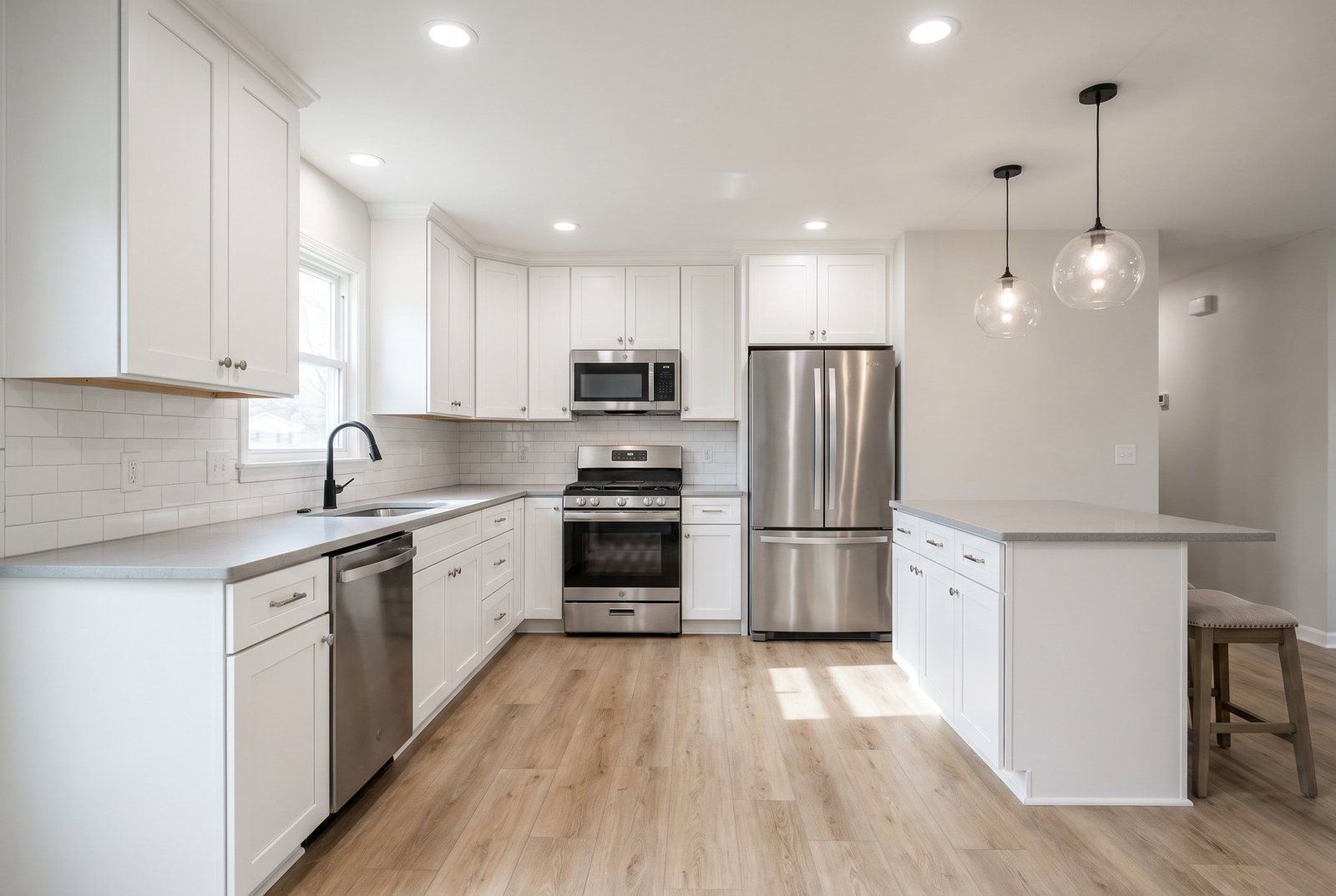 Renovated kitchen with white shaker cabinets, quartz counters and subway tile backsplash