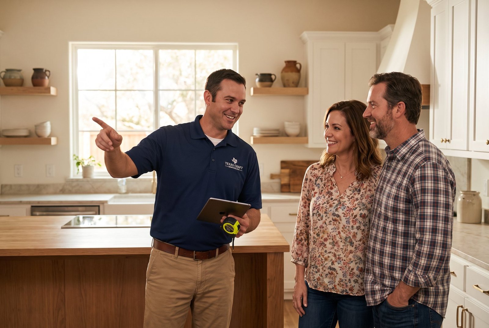 Contractor reviewing a remodel scope with homeowners in their kitchen